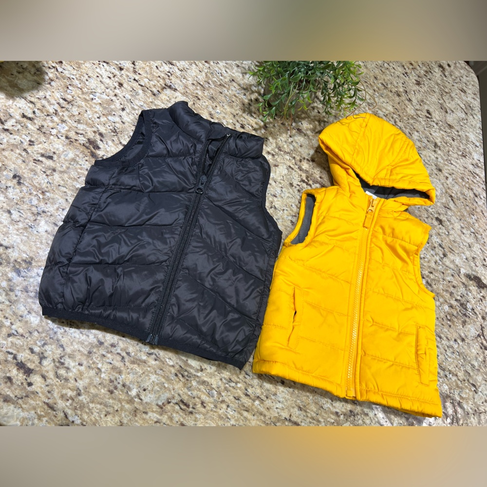 Wonder Nation Black Puffer Vest & Little Me Yellow Vest 12 M